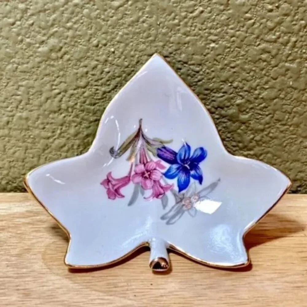 Tea Bag Holder Spoon Rest‎ Blue Pink Flowers Gold Trim Floral Design Leaf Shape